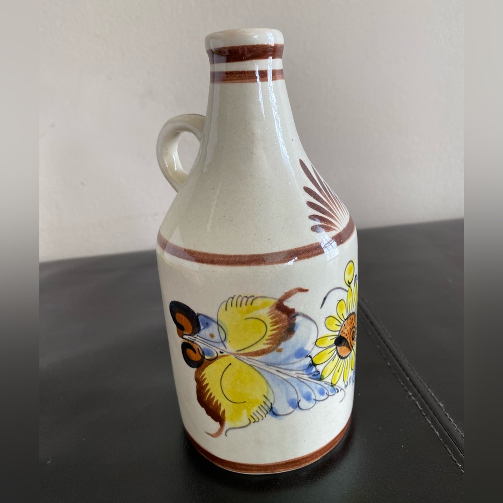 Tonala Pottery MEXICAN HAND PAINTED CROCK JUG, GREEN WITH FLORAL DESIGN, SIGNED